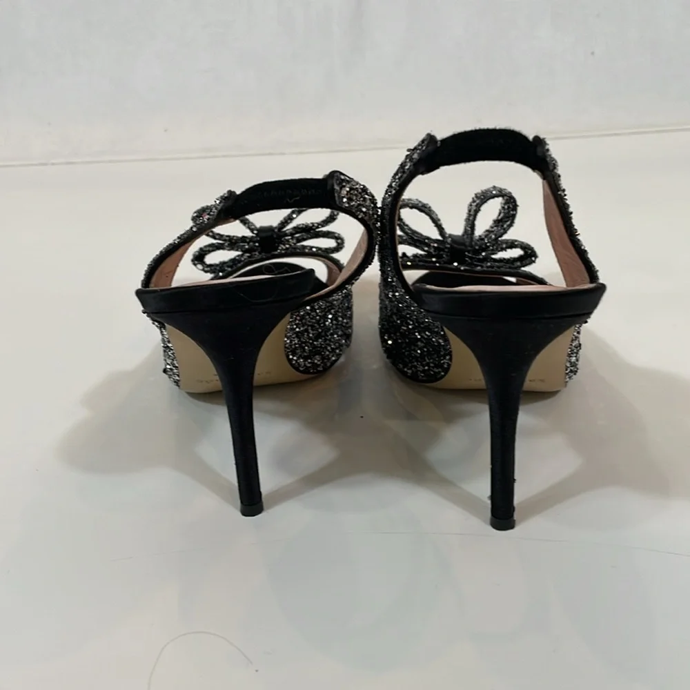 Kate Spade Glitter New York Heels Sandal Size 9.5 Black Silver Bow EUC